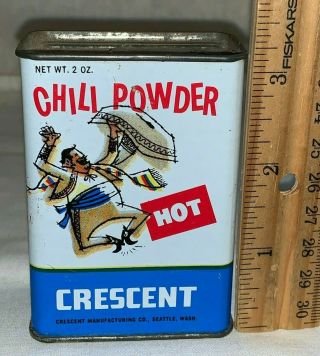 Antique Crescent Hot Chili Powder Tin Litho Spice Can Seattle Wa Man Sombrero