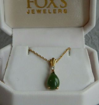 Vintage 14k Gold Necklace With Jade & Diamond Pendant 097
