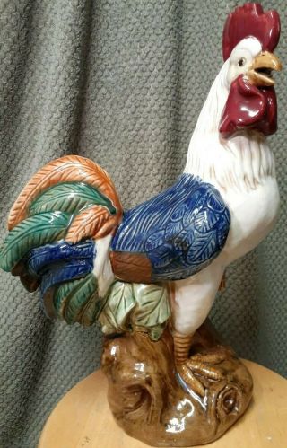 Large Vintage Italian Ceramic Majolica Rooster Sculpture Figure Centerpiece