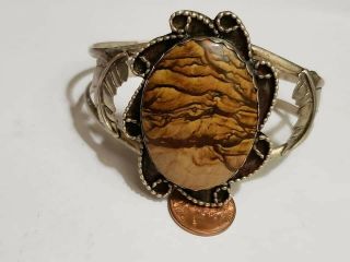 Sterling Silver Picture Jasper Bracelet Cuff Feather Accents