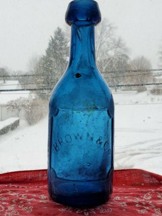 Aq Cobalt Blue Blob Top Soda Water Bottle Brown & Co 1860s Rare Slug Plate Mold