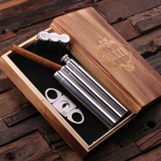 5 Personalized Stainless Steel Cigar Holder W/ Whiskey Flask,  Cutters & Wood Box