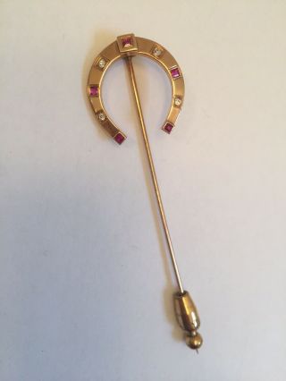 Vintage Large 12k Solid Gold Diamonds Rubies Lucky Horseshoe Stick Pin,  5.  3g