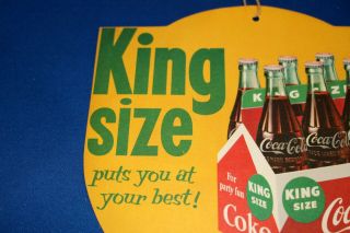 VINTAGE 1950 ' S COCA - COLA KING SIZE 6 PACK CARDBOARD FAN PULL SIGN GAS/OIL 2