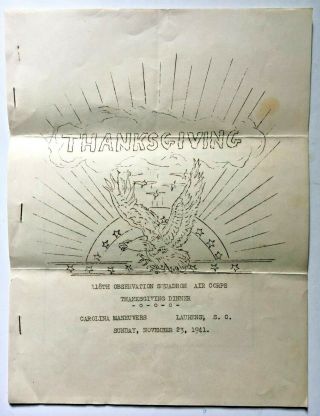 Laurens S C Wwii Thanksgiving Menu & Roster Army Air Corps 118th Squadron 1941