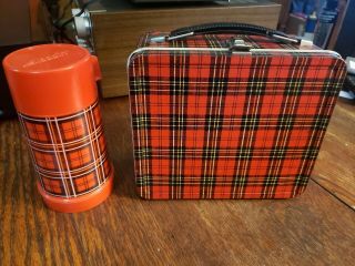 Vintage Aladdin Red Plaid Metal Lunchbox With Thermos C1950 