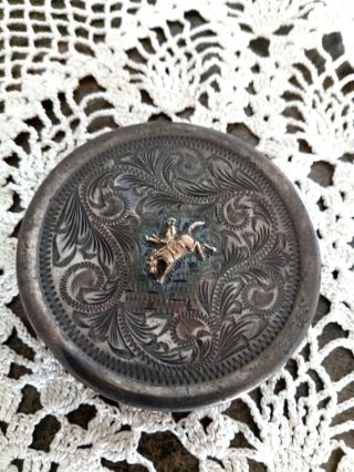 Vtg 2,  Oz Sterling Hand Tooled Box/mexico W/12k Gold Western Bronco Buster/rodeo