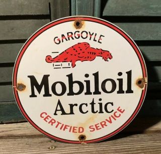 Vintage Mobiloil Arctic Motor Oil Gasoline Porcelain Station Pump Plate Sign