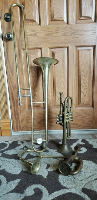 Assorted Vintage Brass Music Instruments & Other Brass For Sculpting & Decor