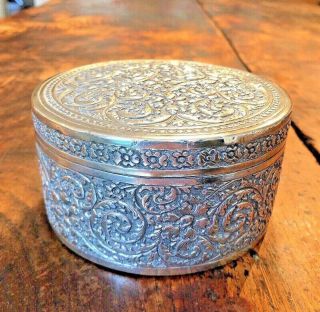 Signed Large Antique Indian Burmese Solid Silver Betel Nut Spice Box Repousse