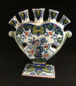 Vintage Tichelaar Makkum Hand Painted Multi Stemmed Flower Vase Handled Euc