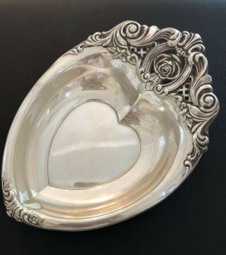 Vintage Antique Wallace Sterling Silver Heart Shaped Dish Nut Candy Rose Point