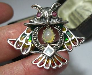 Assay Hallmarked Sterling Silver Plique A Jour Real Opal Owl Pendant Brooch