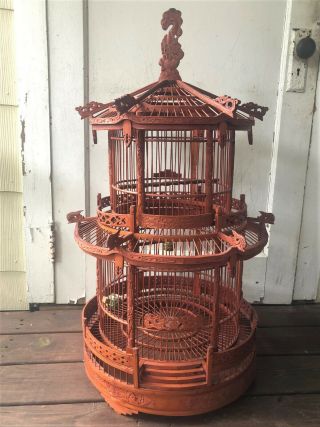 Large Vintage Chinese Carved Wooden Chinoiserie Pagoda Style Birdcage
