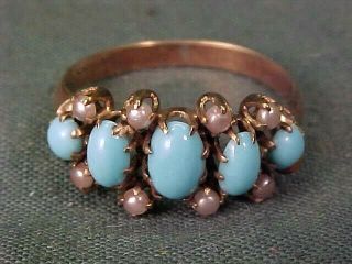 10k Rose Gold Victorian Turquoise And Seed Pearl Ring Size 6 - 1/2