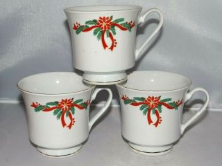 Set Of 3 - Christmas Poinsettia & Ribbons 6oz.  Coffee Mug Tea Cup Fine China