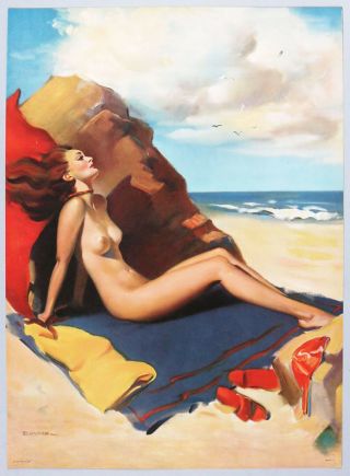 Vintage Gil Elvgren 1940s Large Redhead Sun Bath Art Deco Lovely Pin - Up Print