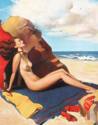 Vintage Gil Elvgren 1940s Large Redhead Sun Bath Art Deco Lovely Pin - Up Print 2