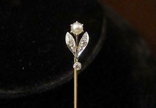14k Yellow &white Gold Flower Figural Stickpin W/ 3 Diamonds & Pearl 1.  9 Gr 1910
