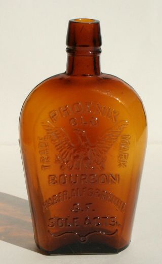 Western Eagle Phoenix Old Bourbon Whiskey Flask San Francisco Amber Glass 7.  5 " H