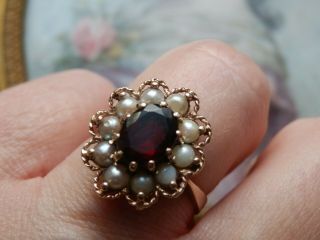 Antique 9 Ct Gold Garnet & Seed Pearl Custer Ring Size M 1/2