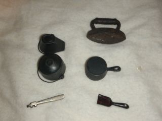Cast Iron Miniature Pots,  Pans,  Coal Bucket And Shovel Sad Iron