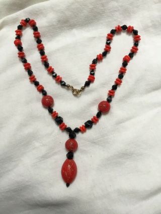 Antique Art Deco 1920s Neiger Czech Red Black Glass Dragon Motif Bead Necklace