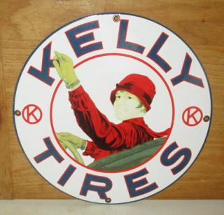 Vintage Kelly Tires Porcelain Enamel 12 " Sign Plate - Girl In Car