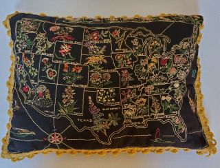 Vintage Usa Map State Flower Embroidery Embroidered Sampler Pillow Fringe