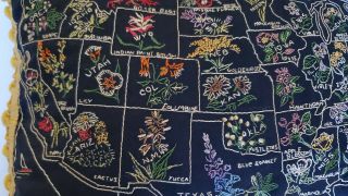 Vintage USA Map State Flower Embroidery Embroidered Sampler Pillow Fringe 2