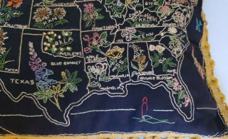 Vintage USA Map State Flower Embroidery Embroidered Sampler Pillow Fringe 3