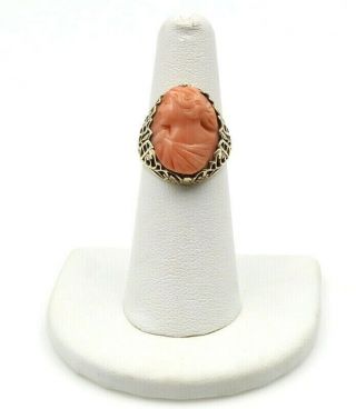 Vintage 14k Yellow Gold And Oval Carved Coral Cameo Ring Size 5.  75 701b - 3