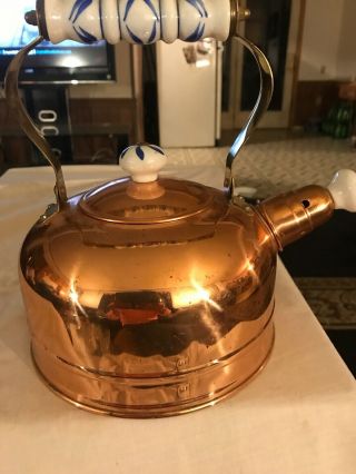 Vintage Copper Tea Kettle With Blue And White Glass Handle