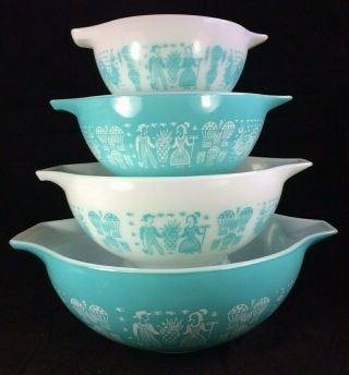 Vtg Pyrex Amish Butterprint Turquoise Aqua Blue Cinderella 4 Pc Mixing Bowl Set