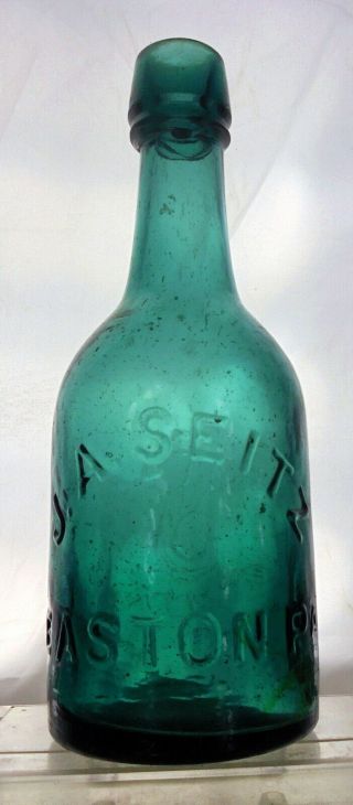 J.  A.  Seitz Easton Pennsylvania Antique Double Collar Soda / Water Bottle.  Teal