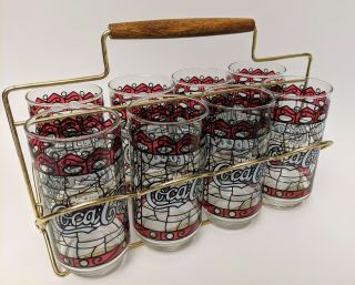 8 Vintage Tiffany Style Stained Glass Coke Coca Cola Glasses With Carrier