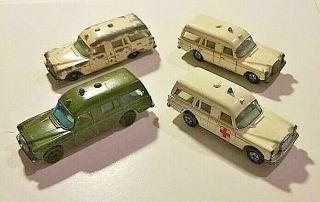 1970 (4) Matchbox Lesney Mercedes Binz Ambulances 3 1/regular & 3/superfasts