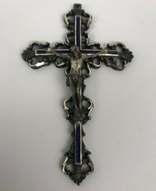 Ornate Antique Sterling Silver & Enamel Jesus Cross/crucifix Pendant 3.  5 ",  Box