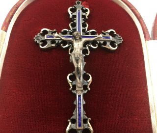 Ornate Antique Sterling Silver & Enamel Jesus Cross/Crucifix Pendant 3.  5 