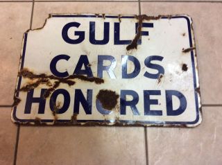 Old Porcelain Gulf Oil Gas Station Credit Cards Honored Double Sided 3