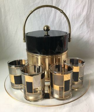 Vintage Culver Barware Set Ice Bucket Glass Tray 4 Flat Tumblers Black Gold Mcm
