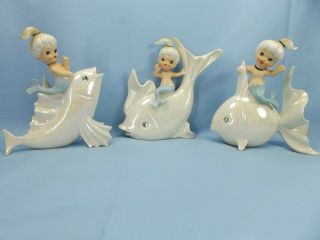 Norcrest Vintage Mermaid Trio Set Of 3 Riding Iridescent Fish Made In Japan