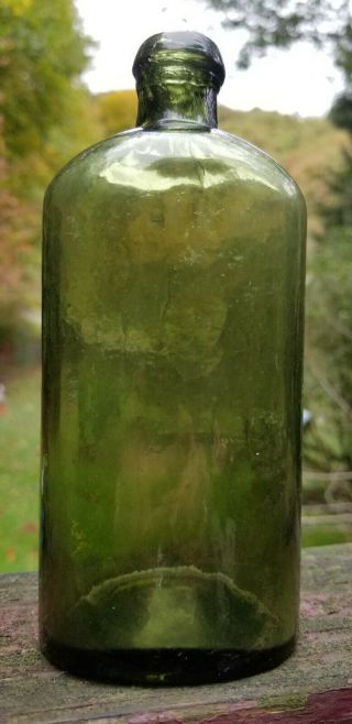 Unusual Pre Civil War Green Whittled Oval Flask Style Medicine Utility Bottle 3