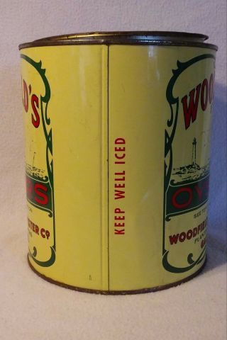 Vintage Woodfields Oyster Tin - Can With Lid Galesville Md 1 Gal.  Counts
