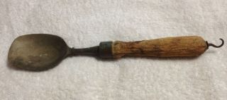 Primitive Vintage Brass ? Copper ? Steel Wooden Handle With Hook Spoon 13 In.