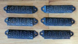 Six Vtg Ornate Cast Iron Bin Drawer Pulls For Cupboard Apothecary Chest