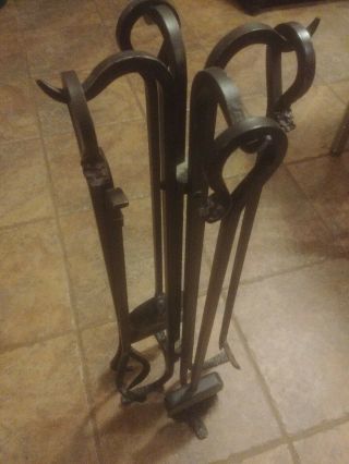Vintage Wrought Iron Fireplace Tools (4 Tools And Stand 5 Piece Set)