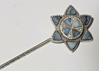 Antique Victorian Silver Hat Tie Stick Pin - Large Blue Lace Agate Flower 8cm