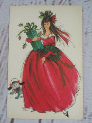Vintage Christmas Card By A Sunshine Card Young Girl In Christmas Dress With Dog