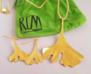 RLM Robert Lee Morris Brass Modern Necklace Pendant Earring Set Ginko Leaf 2
